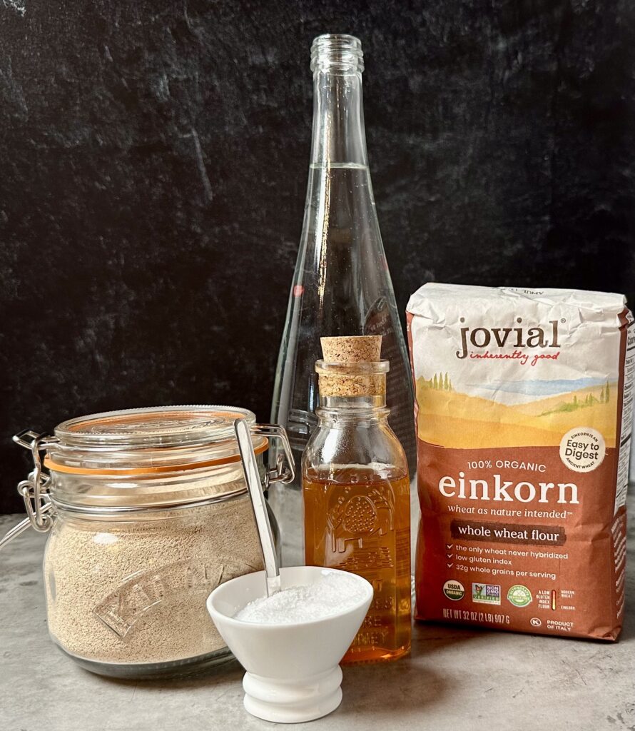 whole wheat einkorn pita ingredients SAF yeast in Kilner clip to jar Diamond Kosher Salt Honey Jovial Whole Wheat flour water