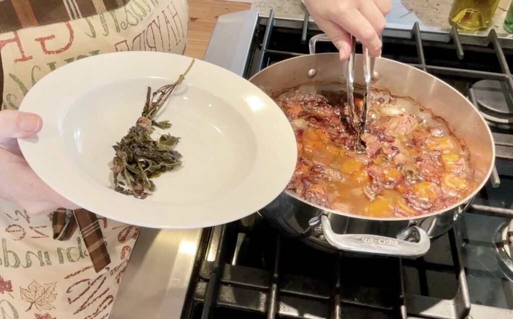 Easy Chicken and Red Wine Stew remove herbs from all clad dutch oven