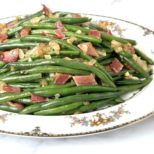 Green Beans with Bacon side view on serving platter