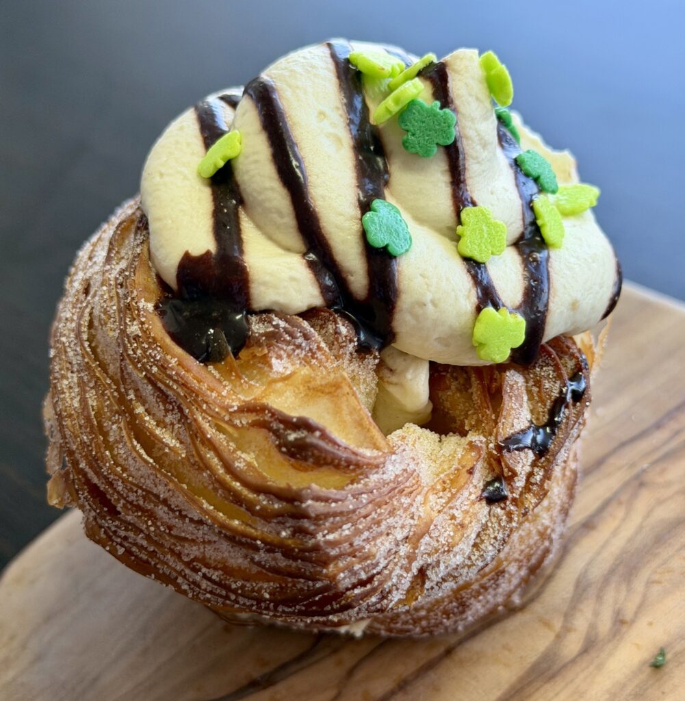 A picture of a Guinness cruffin from butter and crumble in San Francisco.