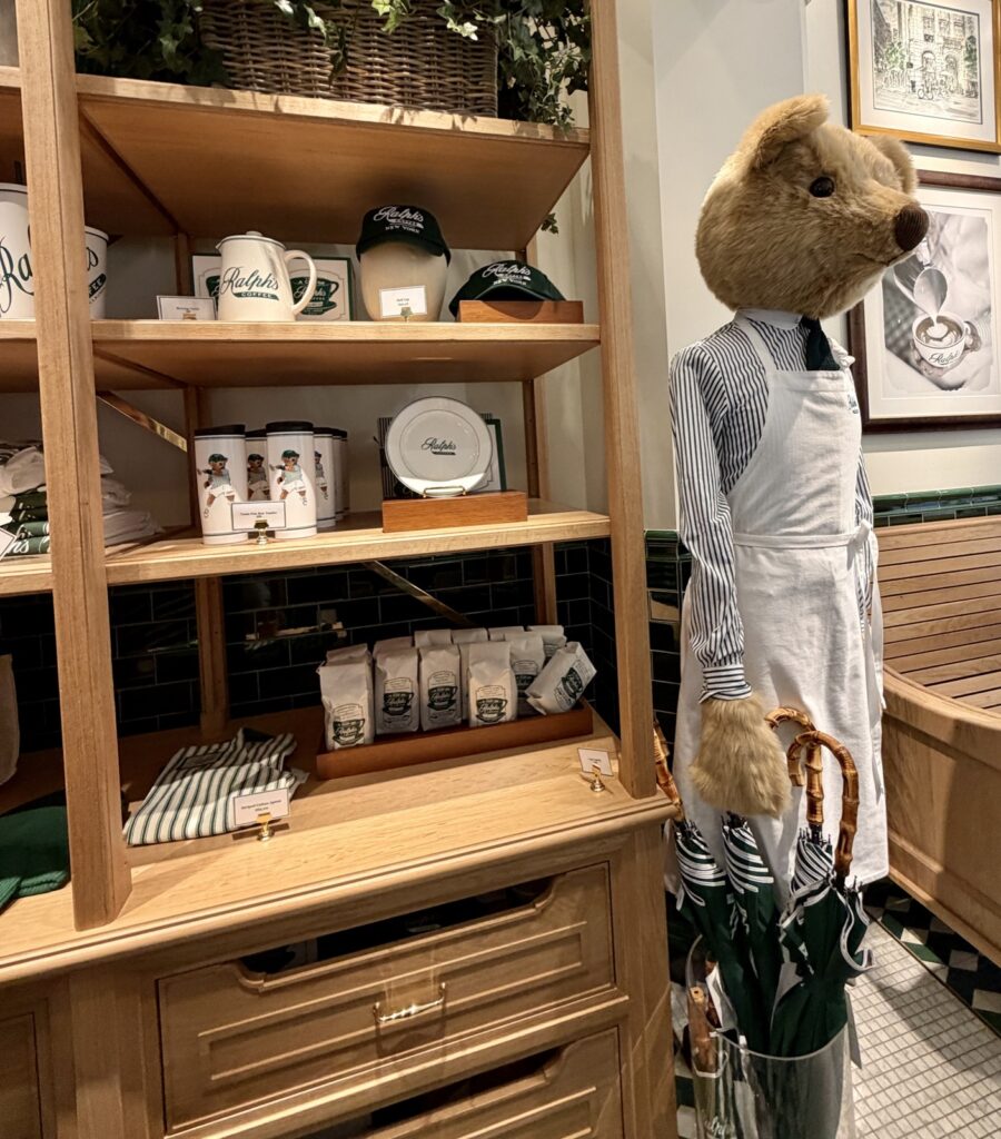 A picture of the Ralph Lauren bear and Ralph Lauren umbrellas at the Ralph's Coffee Newport Beach