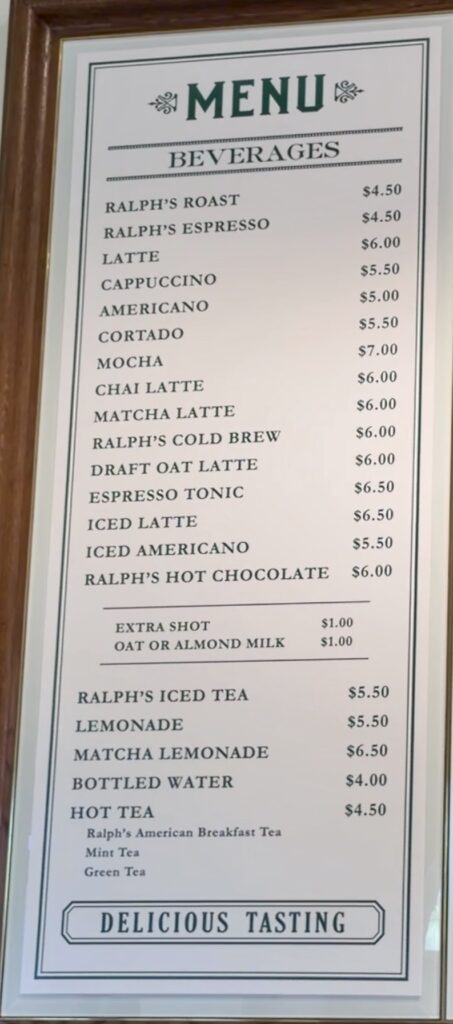 A picture of Ralph's coffee beverage menu from March 2026