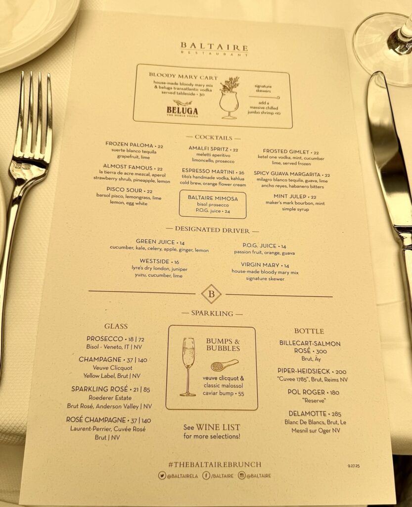 Brunch at Baltaire a picture of the drink menu