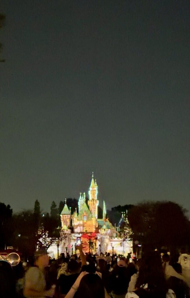 This is a picture of Disneyland 70 anniversary celebration fireworks/nighttime spectacular wondrous journeys. This nighttime show shows projections on Sleeping Beauty Castle, Main Street USA, Rivers of America, and the facade of It's A Small World.