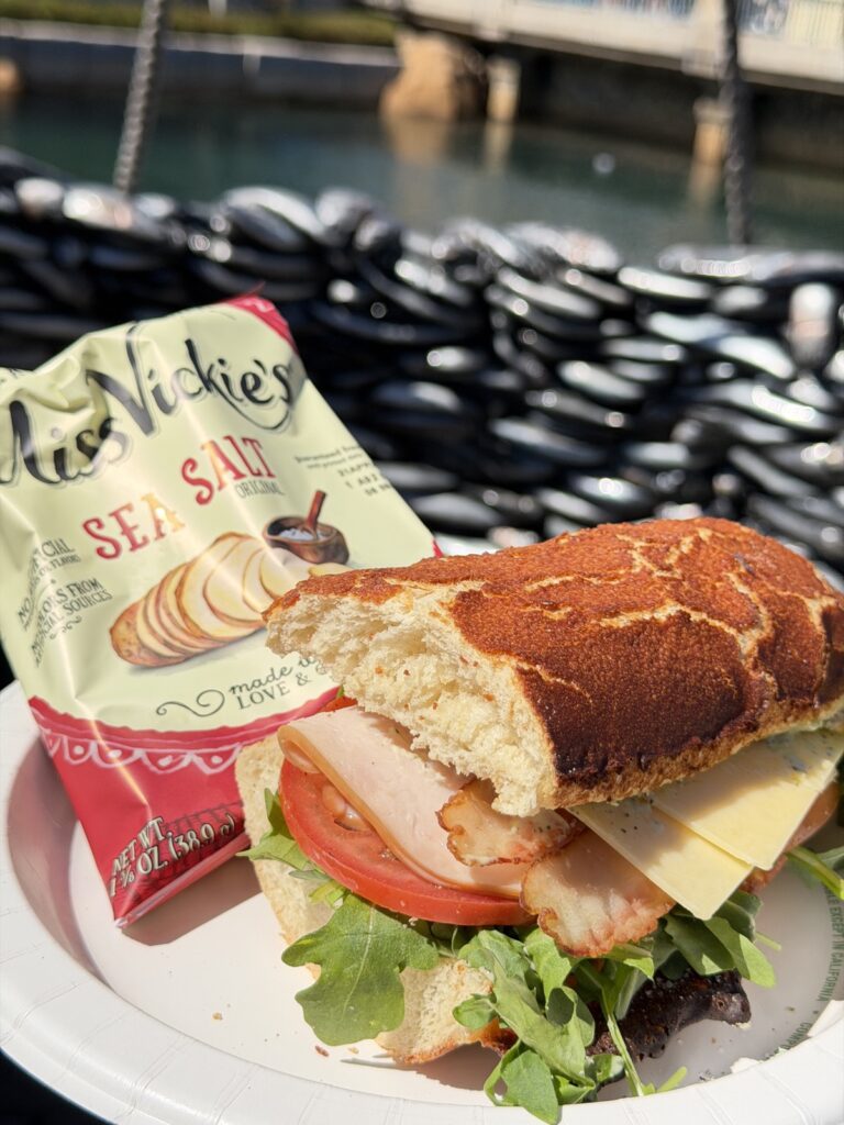 A picture of a turkey sandwich on Dutch crunch from Aunt Cass Cafe in Disney California Adventure.