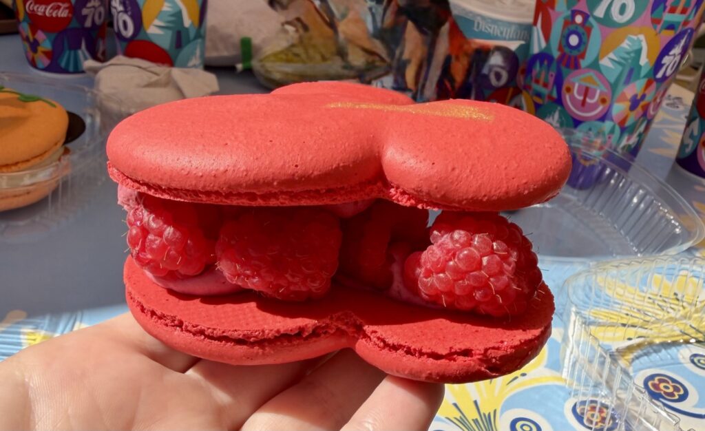 A picture of the raspberry rose Mickey-shaped macaron from Jolly Holiday bakery at Disneyland side view.