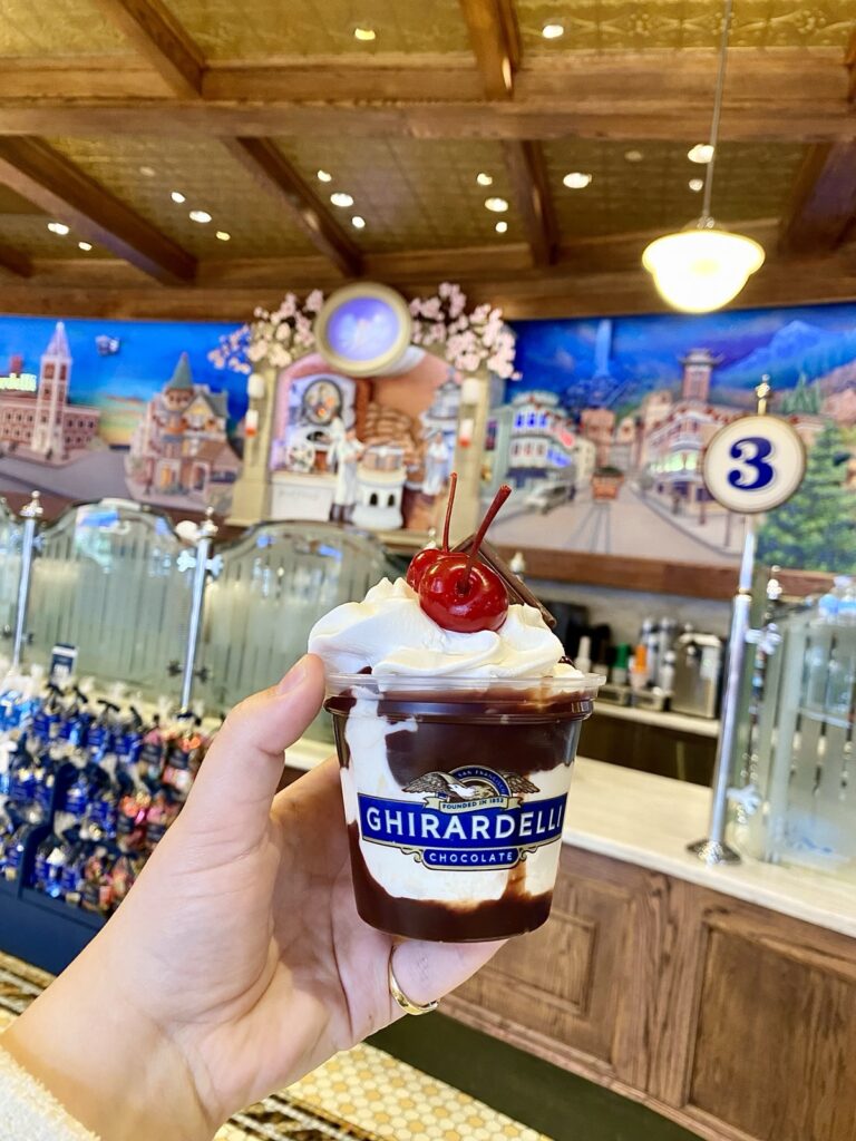 A picture of a Ghirardelli hot fudge sundae at the Ghirardelli ice cream shop in Disneyland California Adventure.