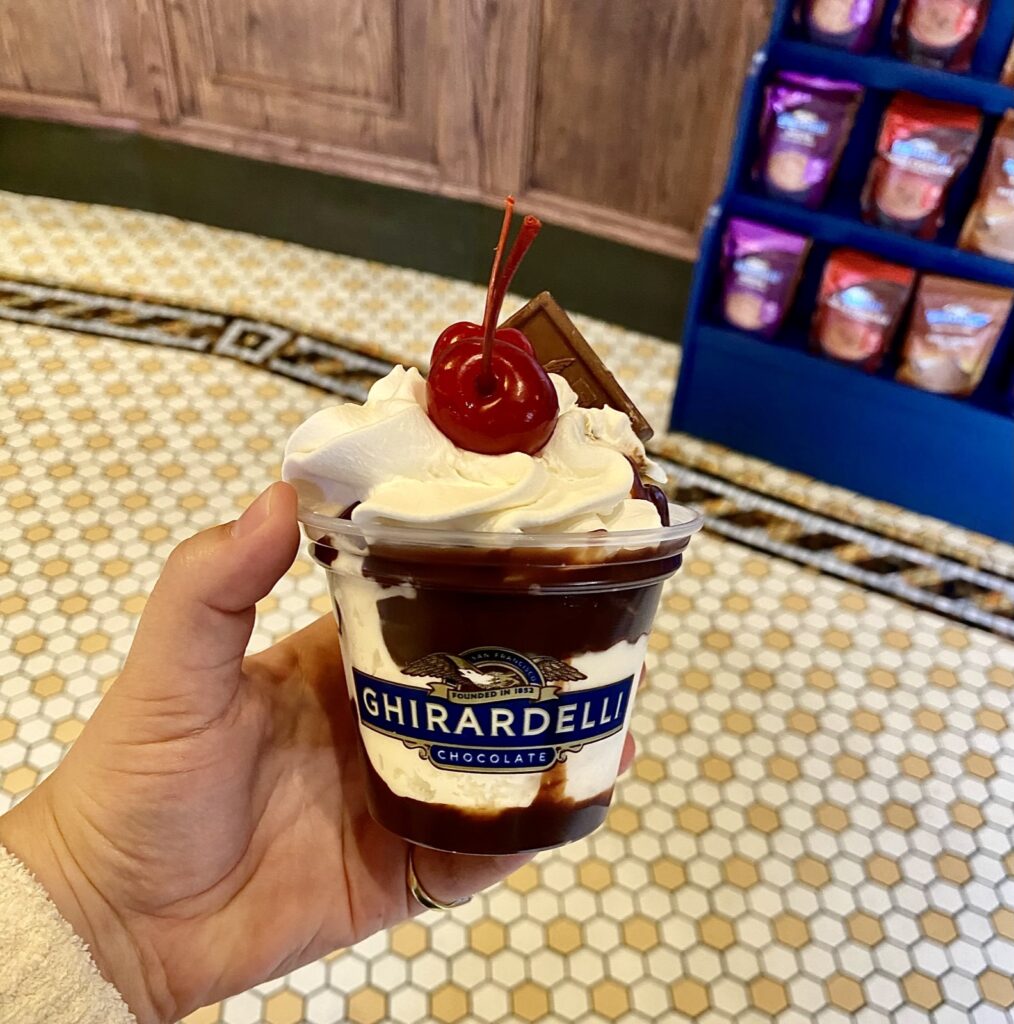 A picture of a hot fudge sundae from the Ghirardelli ice cream shop at California Adventure.