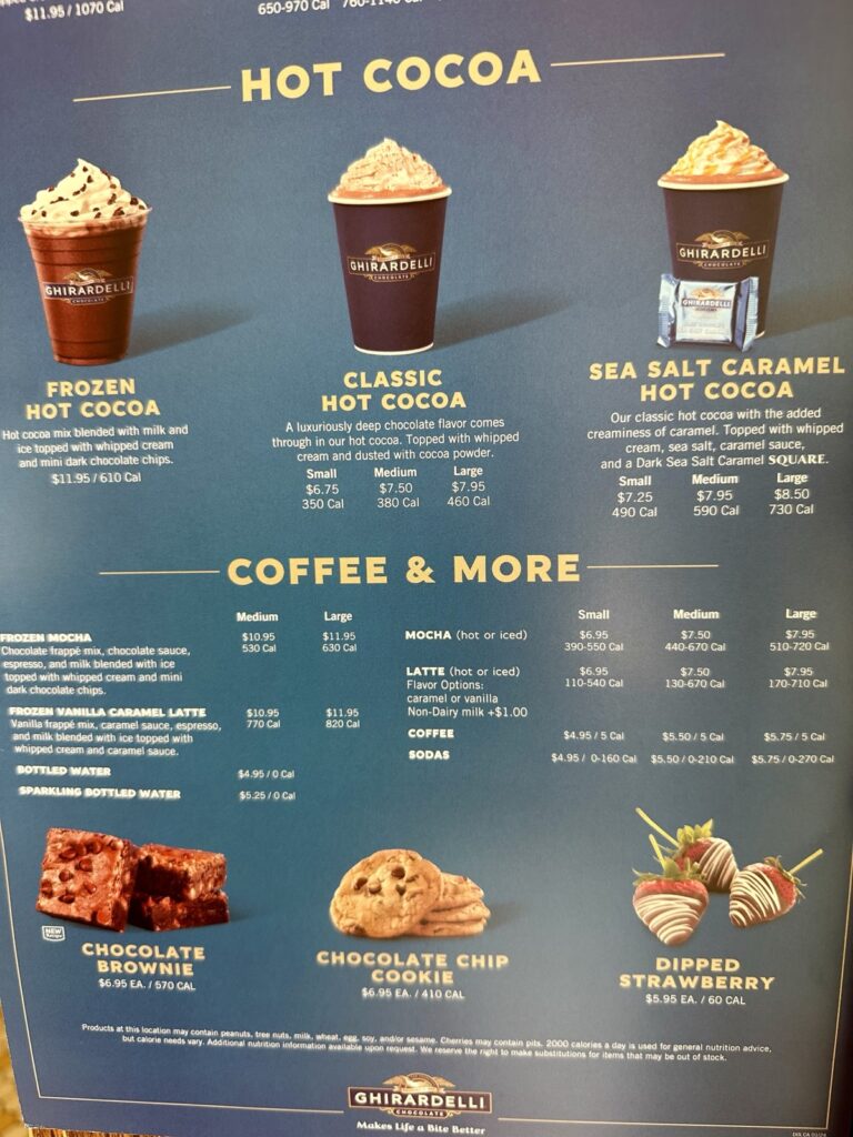 A picture of the Ghiradelli Ice Cream Shop Menu for Hot Cocoa at Disneyland California Adventure.