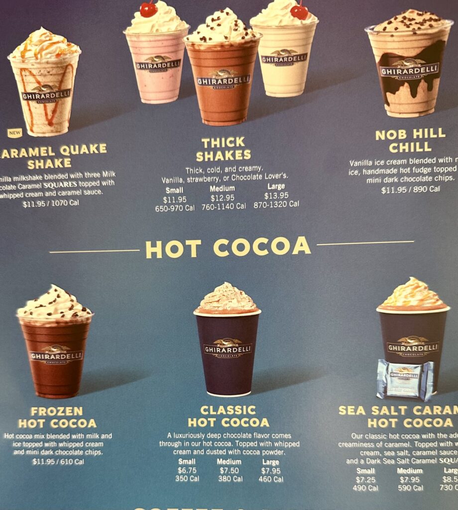 A picture of the hot cocoa and shakes from the Ghirardelli ice cream shop at Disneyland California Adventure.