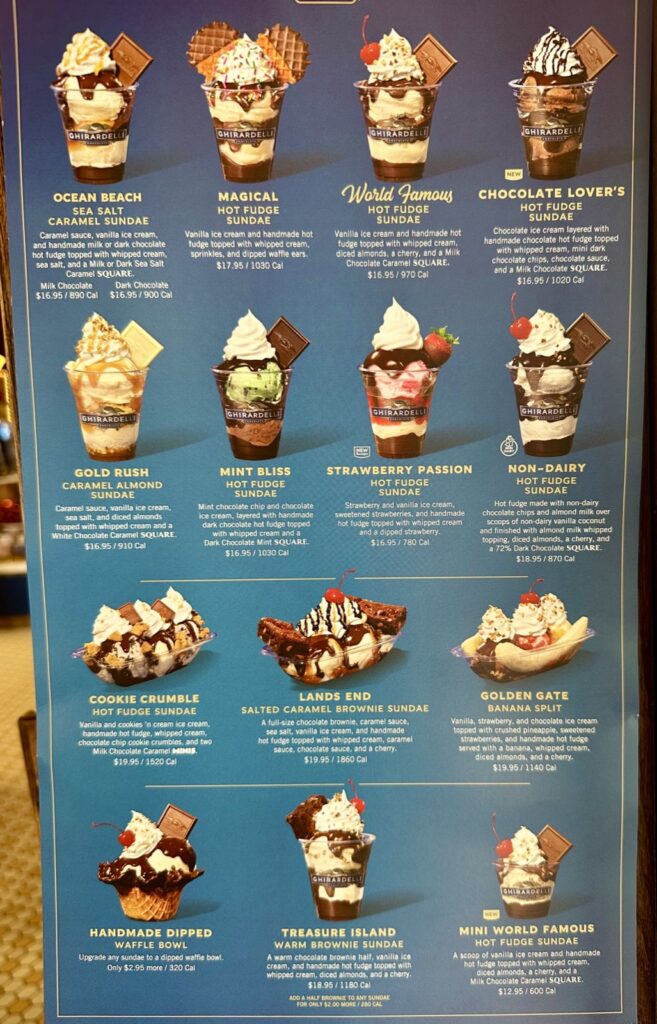 A picture of the menu from the Ghirardelli ice cream shop at Disneyland California Adventure.