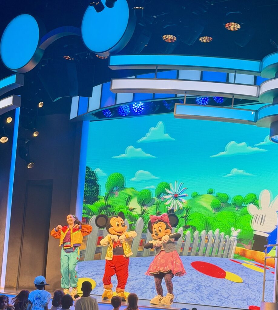 A picture of Disneyland's 70th Anniversary Disney Jr. Mickey Mouse Clubhouse Mickey and Minnie dancing.
