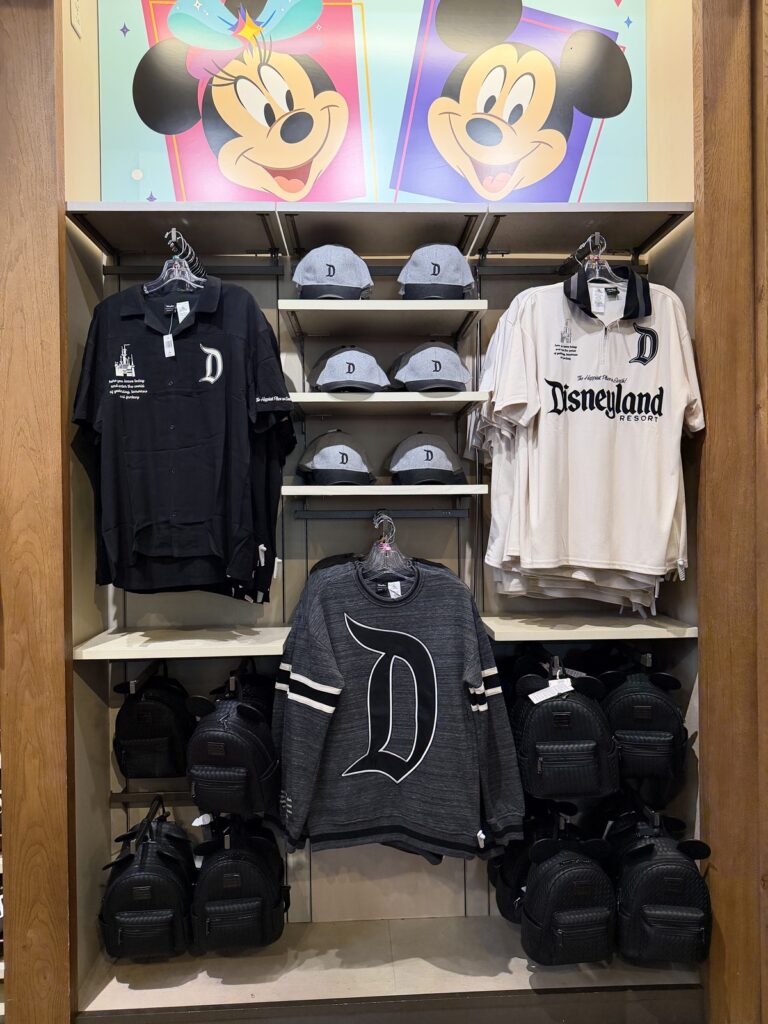 A picture of Disneyland's 70th Anniversary Vault Collection men's merchandise for sale at World of Disney at Downtown Disney.