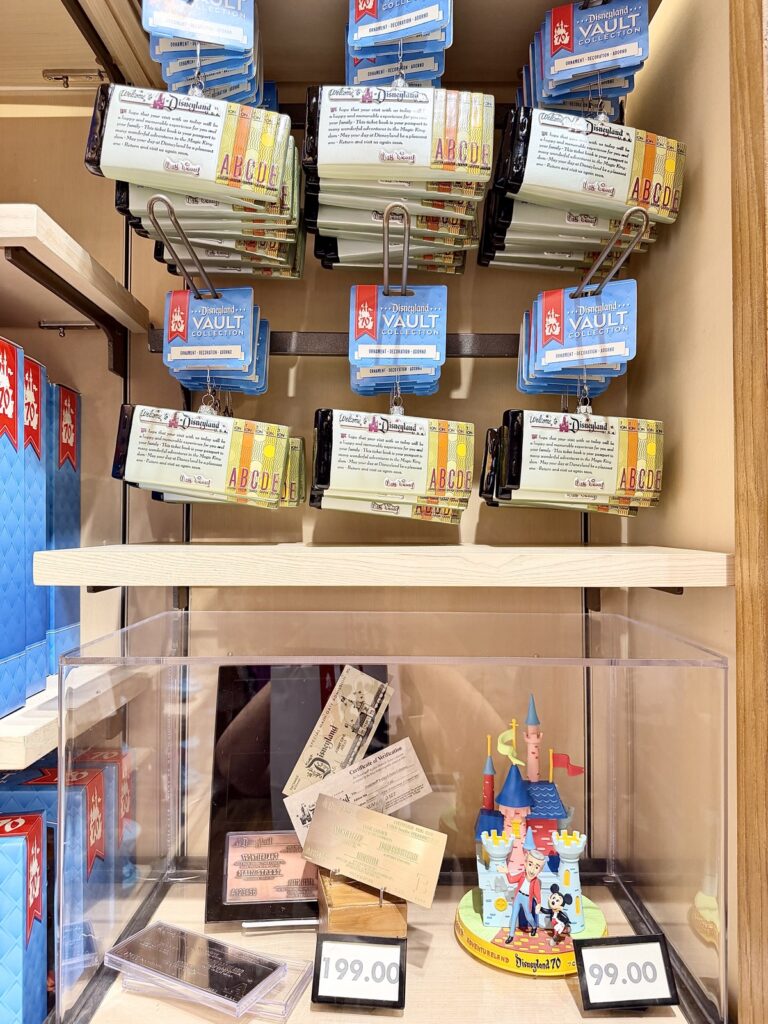 A picture of Disneyland's 70th Anniversary Vault Collection ornaments.