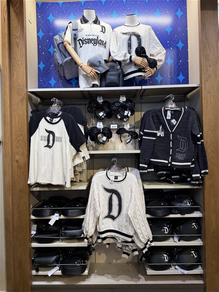 A picture of Disneyland's 70th Anniversary Vault Collection women's merchandise for sale at World of Disney in Downtown Disney.