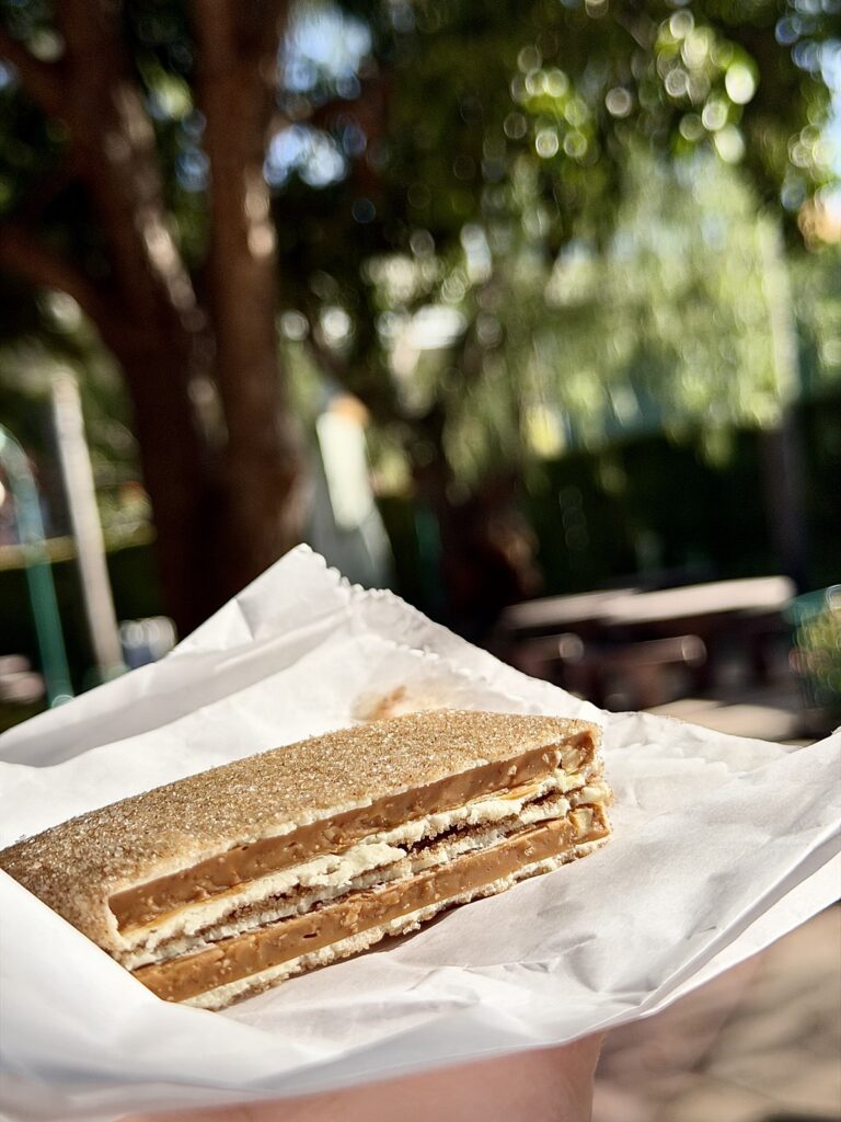A picture of churro toffee broken in half to view the middle of the toffee, from Disneyland Resort in Anaheim, California.